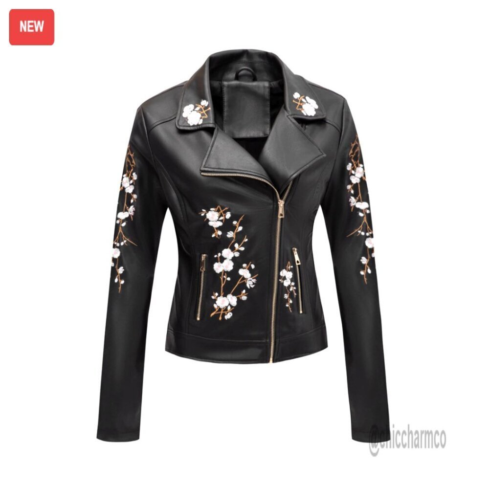 Faux Leather Moto Jacket with Studded Rivets Floral Design Biker Coat
